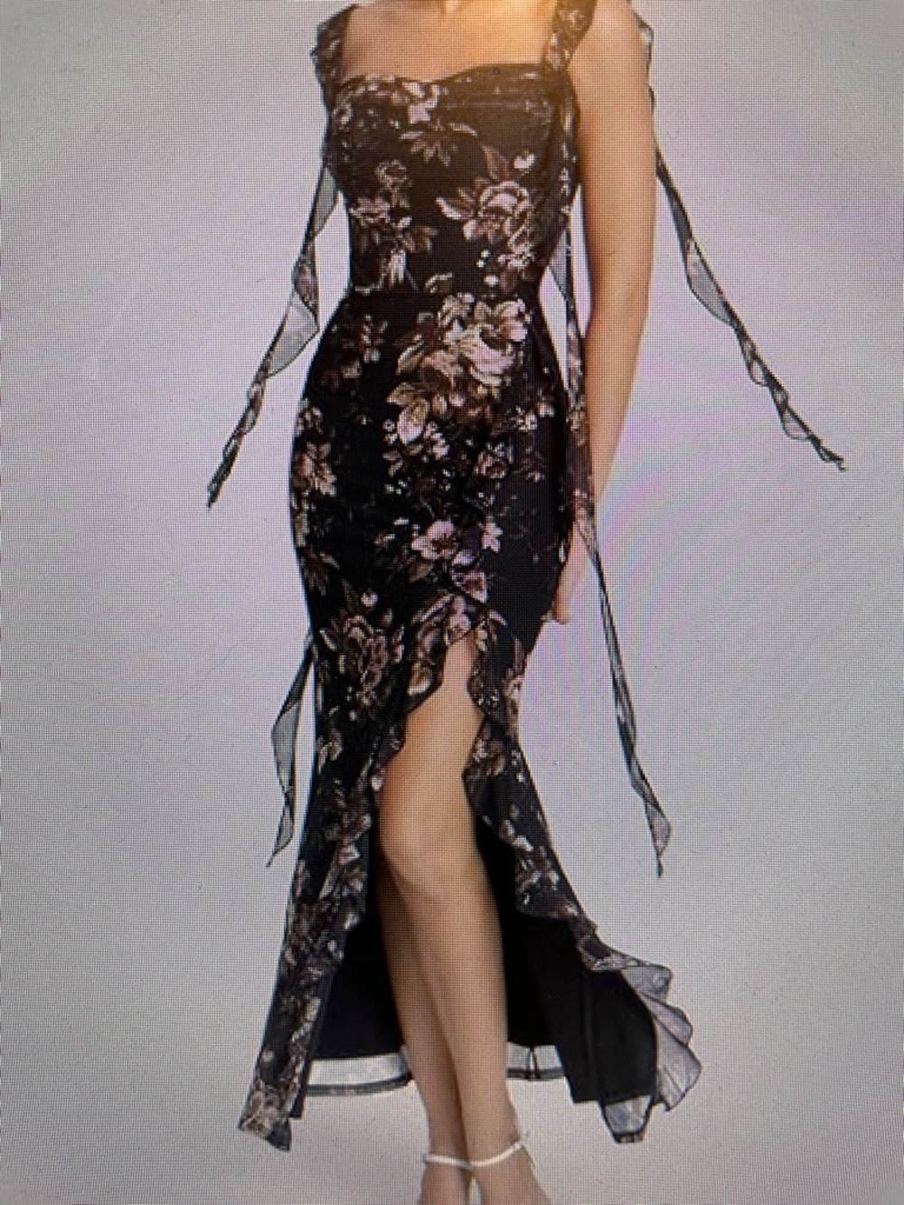 Black Floral Mesh Bodycon Evening Dress | Ruffle High‑Low Hem & Tie Straps – XL
